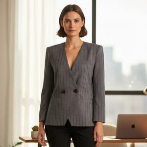 VTG Michelle Stuart Black/Gray Pinstripe Double Breasted Blazer Sz 4 Suit Jacket